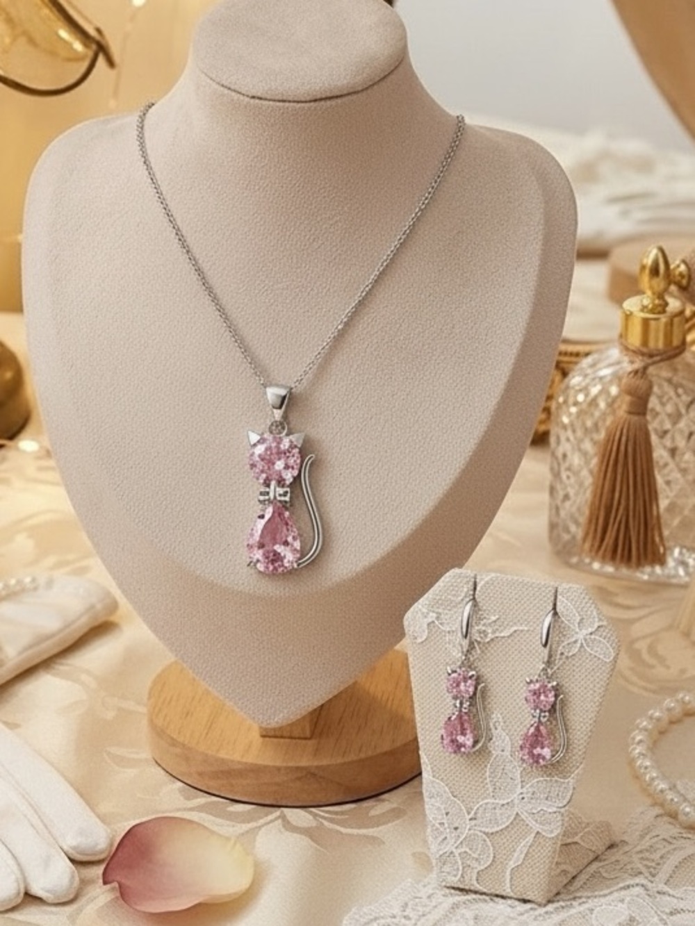Sterling Silver Pink Bling Cat Jewelry Set Coquette Whimsygoth Cat Mom Glam Y2K